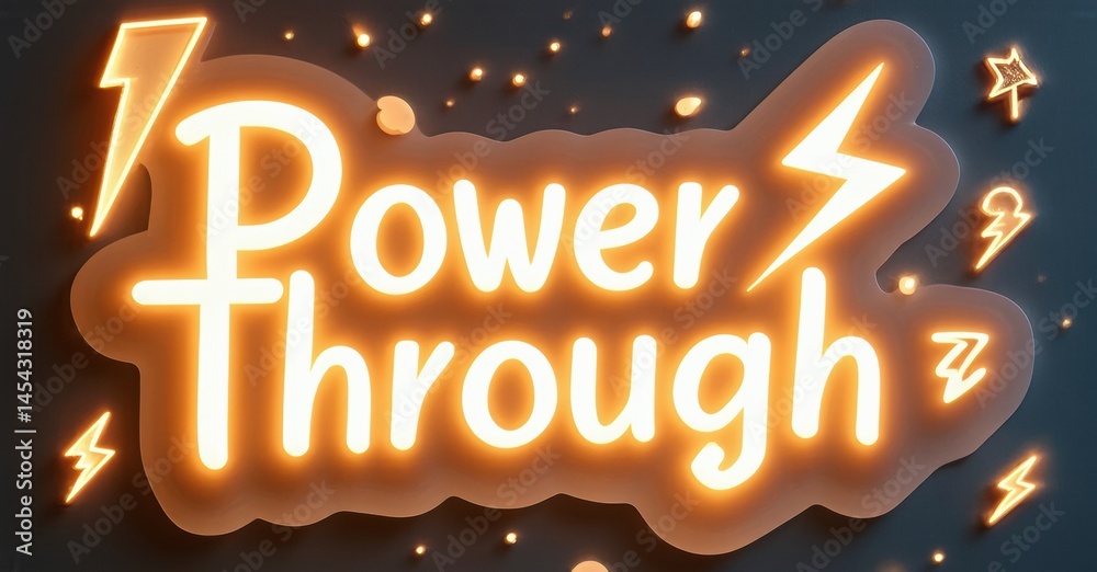 Leinwandbilder bright text reads power through with lightning bolts, stars. dark background enhances glowing effect