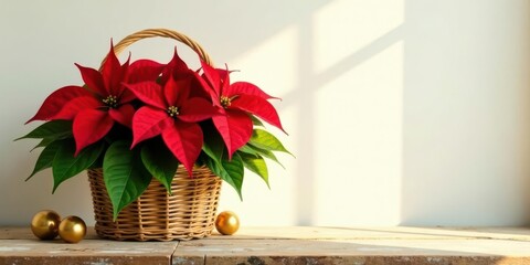 Vibrant Red Poinsettia Blooms in Rustic Woven Basket with Golden Festive Ornaments on Wooden Surface