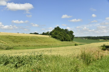 Paysage rural sous des cumulus de beau temps près du bourg de Vendoire au Périgord Vert 