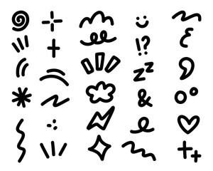 Doodle Style Bold Accent Icon Collection. A bold playful collection of 29 hand drawn doodle elements including loops curves bursts icons strokes symbols. Perfect for comic layouts creative planners