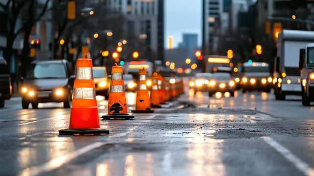 A stretch of urban street with a series of traffic cones leading vehicles safely through a construction zone, showcasing the balance between progress and safety.