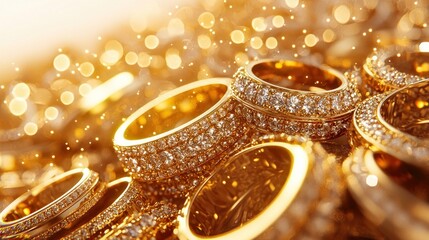 Glistening pile of gold rings with diamond accents