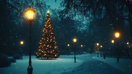 Snowy park scene with Christmas tree at night.