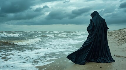 Naklejka premium Mysterious figure in a dark cloak gazes at stormy sea during twilight on a deserted beach