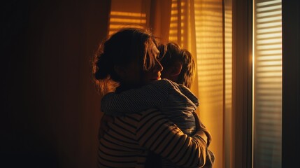 Назва: Emotional reunion between mother and son in warm cinematic evening light
