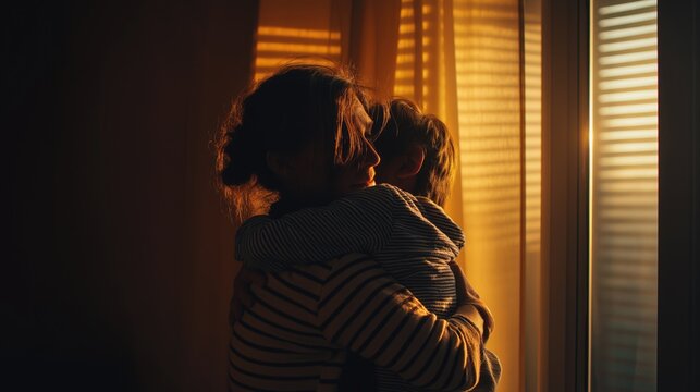 Назва: Emotional reunion between mother and son in warm cinematic evening light