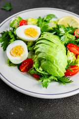 Avocado salad, boiled egg, tomato, green leaf lettuce, vegetable dish fresh delicious gourmet food background on the table rustic food top view copy space 