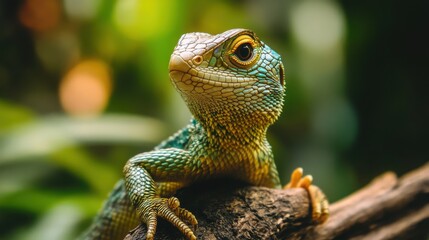 Obraz premium Closeup of a Vibrant Green Lizard on a Branch