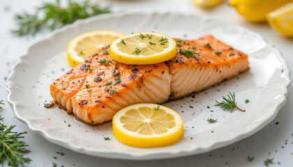 Grilled salmon fillet plated on a minimalist white dish, topped with lemon slices and fresh dill sprigs, studio lighting, hyper-detailed food styling