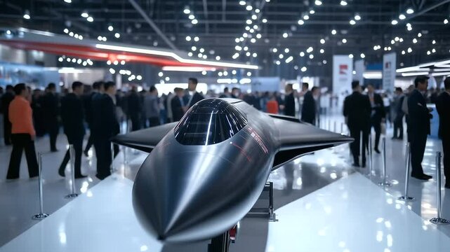 An international arms fair with military officials inspecting an ultra-modern hypersonic glide vehicle, surrounded by journalists and military analysts documenting the breakthrough
