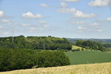 Bois et prairies sous un ciel bleu près du bourg de Vendoire au Périgord Vert 