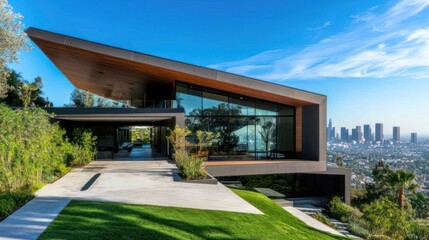 Geometric modern house with angular roof and large, open spaces, city skyline background