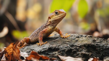 Naklejka premium Closeup of a vibrant orange and brown lizard on a rock