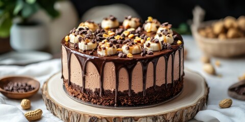 Chocolate dessert with cream, nuts, and bananas presented on rustic wooden stand at a cozy indoor setting