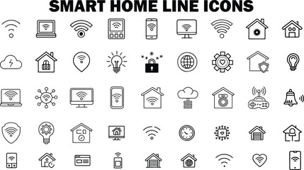 Smart Home Line Icon Set – Thin Outline IoT, Security & Automation Symbols