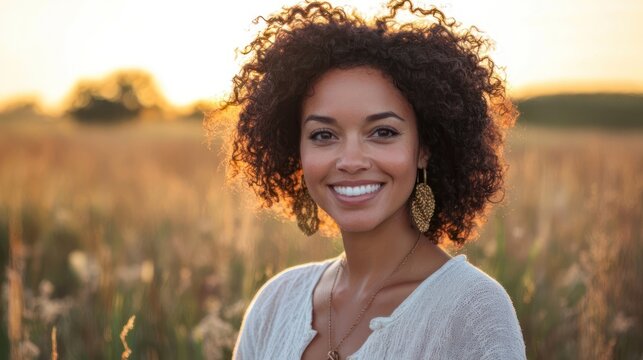 Golden hour sunset backdrop, glowing and warm tones for a relaxed portrait