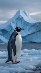 Obraz premium Model penguin in sunglasses posed on icy water in surreal arctic landscape