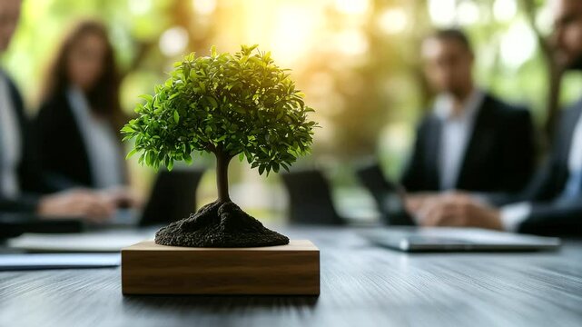 A corporate office setting where a group of professionals admire a physical D pie chart model with a bonsai tree elegantly growing from its center, symbolizing balanced financial