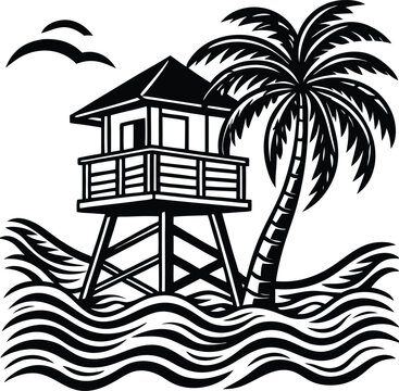 black and white beach lifeguard tower scene clip art preview