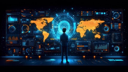 Man looking at digital world display