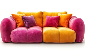 Soft pink and yellow velvet sofa has bright pillows against a white backdrop