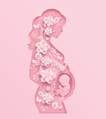 Floral Papercut Illustration of a Pregnant Woman with Baby Silhouette
