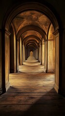 Obraz premium Long, arched hallway, with warm light and aged wood. Intricate, vaulted ceiling, creates sense of depth