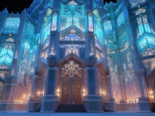 Obraz premium An elaborate facade of an ice palace with blue lighting and intricate ornamentation, projecting winter magic and architectural grandeur.