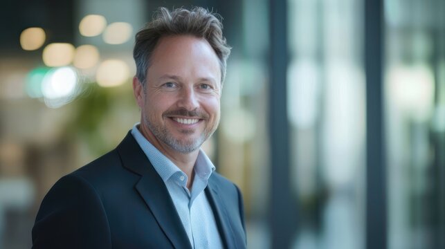 Headshot of a smiling businessman in a modern office, shallow depth of field