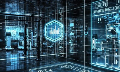 Futuristic gym interior with digital interfaces displaying fitness data and analytics - Powered by Adobe