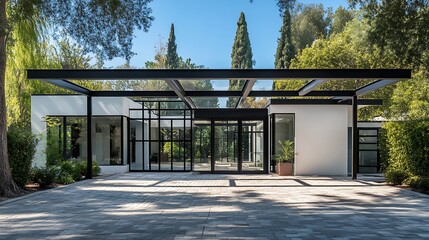 Modern architectural home facade with a striking metal pergola.