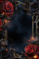 Dramatic red and black roses surrounding frame on moody smoky background