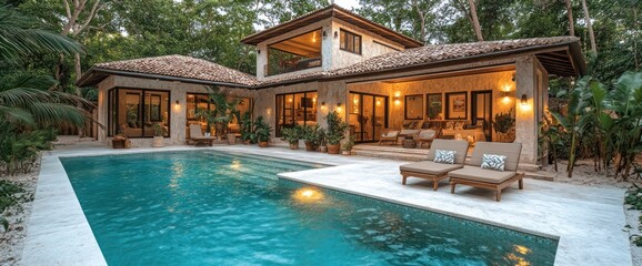 Fototapeta premium Tropical Home with Pool and Patio