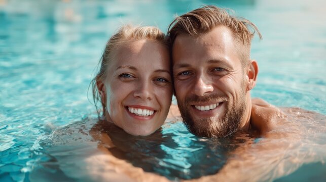 A happy couple is swimming in a bright, clear pool, laughing and embracing each other. The sun is shining, creating a fun and joyful atmosphere around them