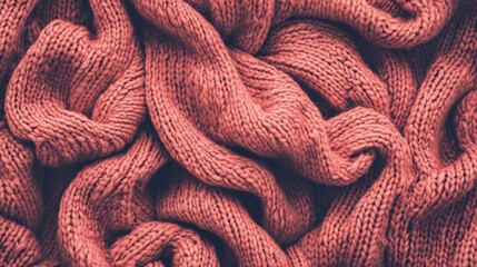 Fototapeta premium Coral knitted fabric texture, crumpled, close-up, with a dark background