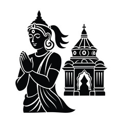 Silhouette of Hindu devotee praying near temple with Om symbol in spiritual vector art
