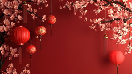 Festive chinese new year backdrop with luminous lanterns and cherry blossoms