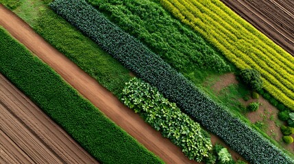 Aerial View of Vibrant Agricultural Fields with Varying Crops and Textures in Different Shades of Green and Yellow