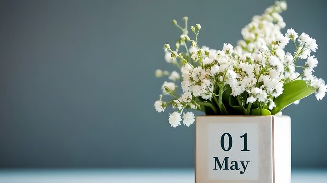 Wooden Cube Vase with White Flowers and "01 May" Date Text on Grey Background for Mother's Day Celebration or Greeting Card Design