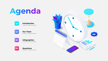 Isometric illustration of agenda template featuring a clock, decorative elements, and infographics. Useful for business presentations, time management concepts, and professional planning layouts