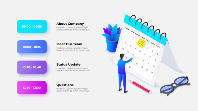 Isometric detailed vector representation of a business meeting schedule alongside a calendar, ideal for professional planning concepts