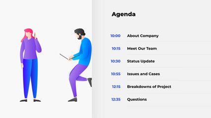 Graphic depicting an agenda schedule alongside vibrant illustrations of two stylized figures in discussion. It conveys professionalism, organization, and collaboration ideal for workplace