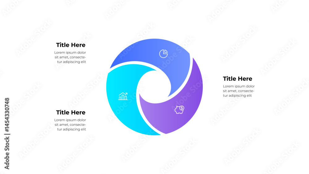 Aufkleber A stylish circular diagram with 3 steps, containing business-related icons. Ideal for presentation purposes