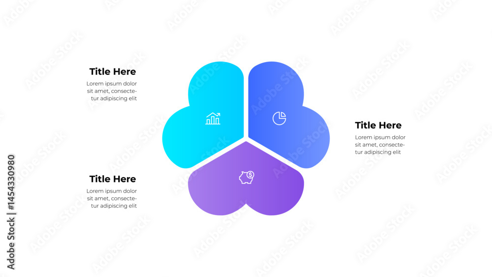Poster abstract infographic illustration with three colorful segments featuring icons and text placeholders