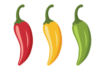Chili Peppers Vector Set, Isolated. Red, Yellow, Green Hot Peppers, Spicy Food Ingredients, Mexican Cuisine, Fresh Organic Vegetables. Vector Illustration for Food Design