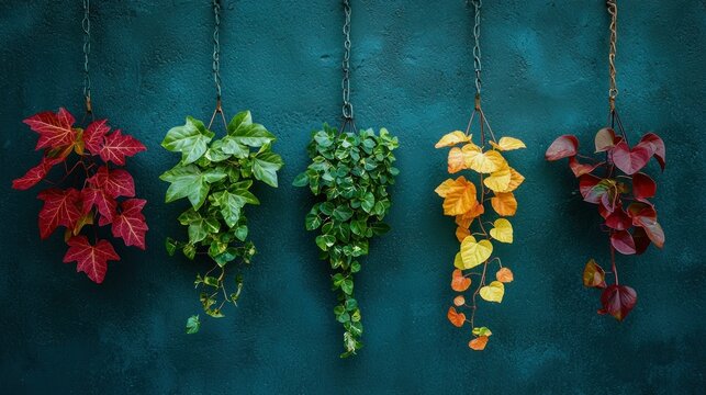 Hanging plants display various foliage colors on teal wall