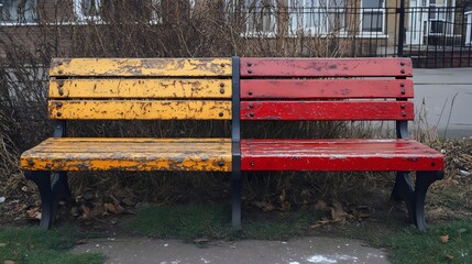 A close-up shot of a colorful, divided bench in a park, showcasing a vibrant contrast.