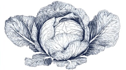 Detailed illustration of a head of cabbage, in fine line art style.