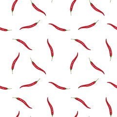 Bright seamless pattern with red chili pepper pods on a white background. Watercolor style with an appetizing accent. Perfect for packaging, fabrics, wallpapers and culinary design.