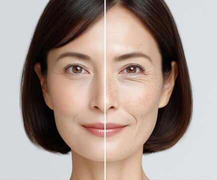 Before and after aging skincare concept portrait, Side-by-side comparison of a middle-aged woman with youthful skin and visible aging, illustrating skincare or age progression effects. Generative by A